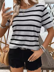 Women' Short Sleeve -Compatible Top - Round Neck Striped Stretch Suitable for Body Types, Casual & Office Wear — view 2