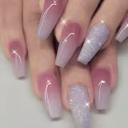 24pcs Glossy Long Coffin Press On Nails Gradient Pink And White French Style False Nails Glitter Reusable Fake — view 1