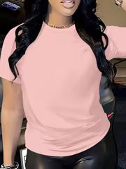 Solid Color Women's Short Sleeve T-Shirt, Summer and Autumn Casual Short Sleeve Crew Neck Standard Size Top — view 1