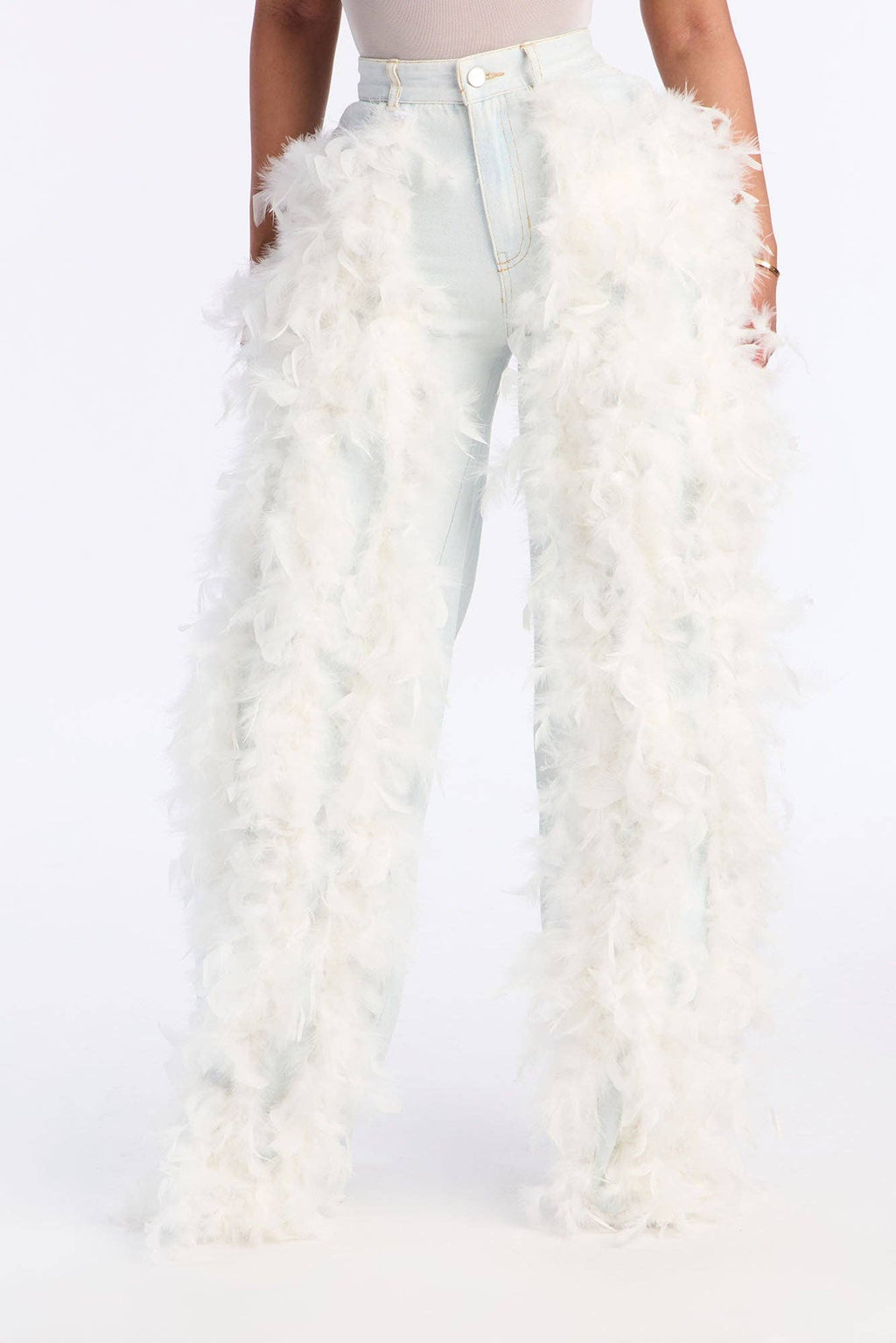 Women's Faux Feather Trim Wide Leg Jeans