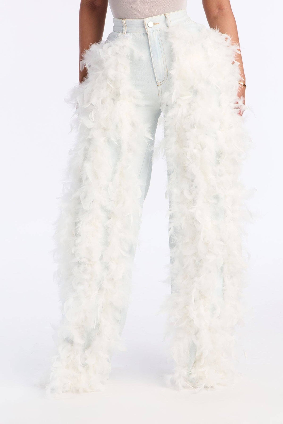 Women's Faux Feather Trim Wide Leg Jeans