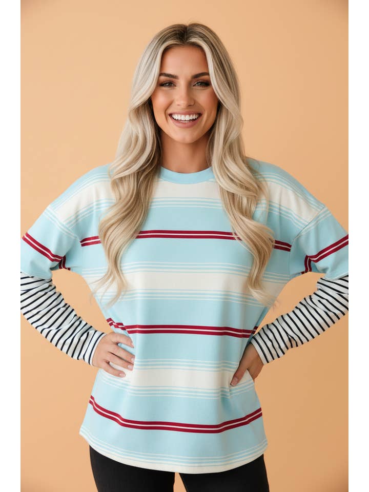PRETTY BASH Stripe Patchwork Long Sleeve Loose Pullover Top — view 2