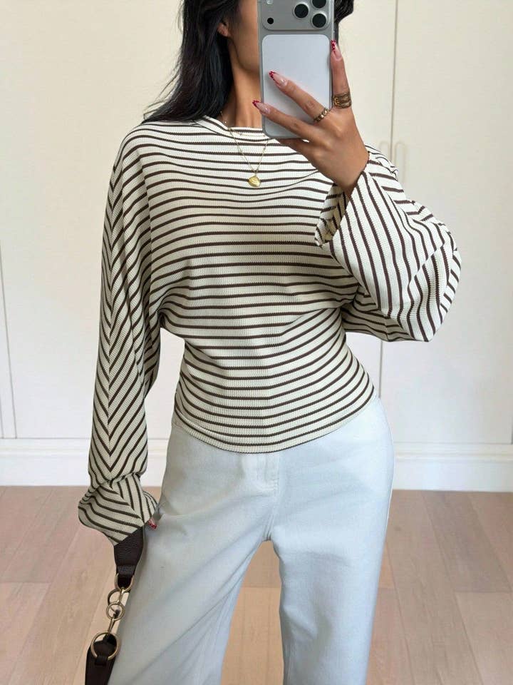 Striped Batwing Sleeve Waist-Cinched Long-Sleeve Top