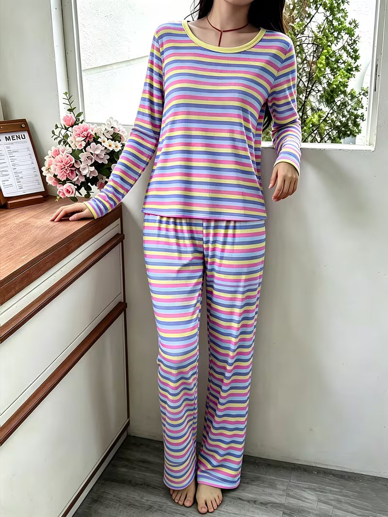 Autumn Winter New Colored Striped Pajama Women'S 2pcs Set, Long Sleeve Long Pants Soft Comfortable Home — view 7