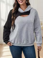 Plus Size, Fashion Color Block Loose Pullover Long Sleeve Hooded Sweatshirt — view 1