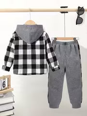 2-piece Boys' Plaid Front-Button Hoodie + Sweatpants Set, Autumn/Winter Wear, Perfect for Outdoor — view 2