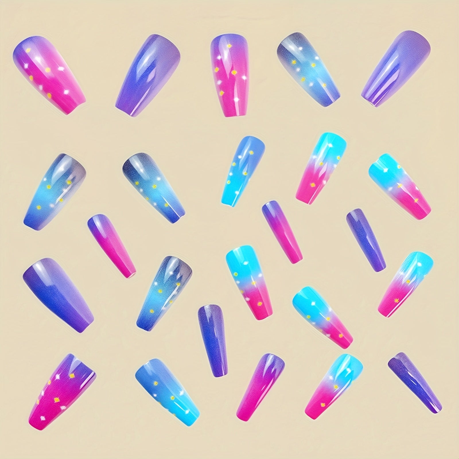 Press-On Nail Patches, Mid-Long Style Nails, Purple Ombre Universe Star Polka Dot Nude Nail Patches, New Year Style Nails, Spring Summer Fashion Nail Stickers, Removable 24pcs Nail Patches