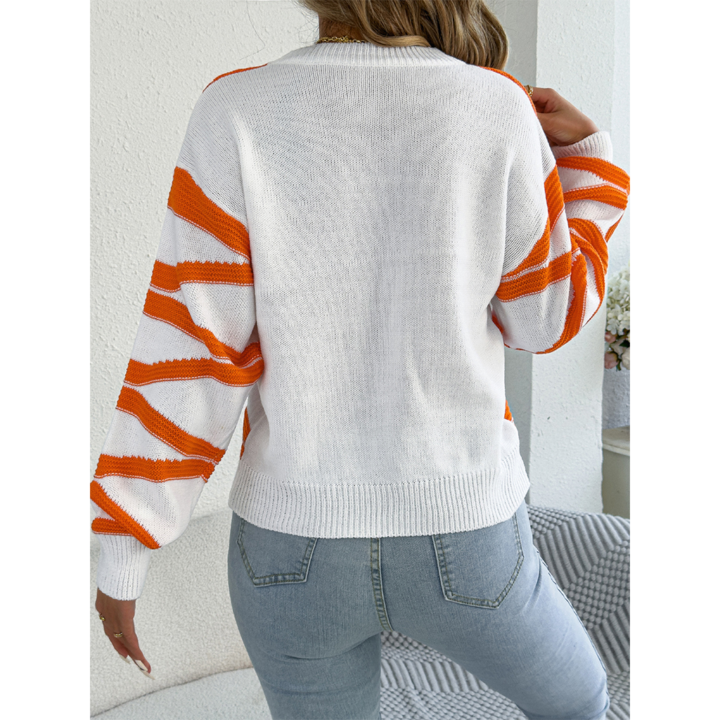 Color Block Striped Lantern Sleeve Pullover Sweater BJS347