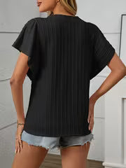 Women's Round Neck Double Layer Ruffle Short Sleeve T-Shirt - Breathable Ribbed, Machine Washable, Solid Color — view 2