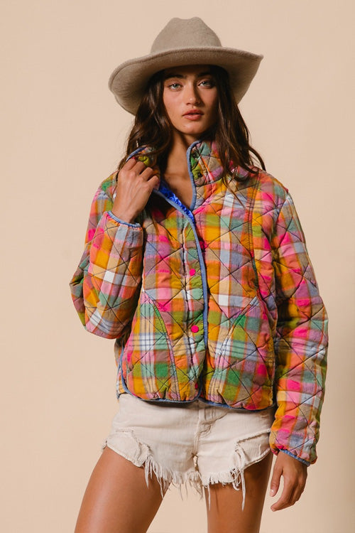 Vintage Plaid Quilted Jacket with Pockets-Orange Green and Yellow