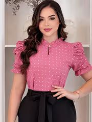 [Polka Dot Blouse] Elegant Women's Stand Collar Polka Dot Blouse - Chic Puff Sleeve Shirt, Perfect for — view 7