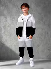 2pcs Boys' Zip-Up Hoodie Jogger Pants Outfit, White Gray Black Color Block Boys' Tracksuit, Matching Zipper — view 1