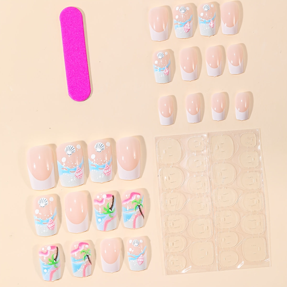 [24 Medium Square-Shaped Nails] 24 Medium Square-Shaped Nails Featuring a Summer Ocean Theme with a Minimalist White French Tip, 3D Embossed Designs of Waves, Shells, And Coconut Trees, Fully Covered And Press-On, Suitable for Women to Wear on a Daily Basis, During Vacations