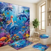 2D Flat, 4pcs Bathroom Decoration Set, Ocean Themed 2D FLAT Shower Curtain and Non-Slip Bath Mats Toilet Lid — view 7
