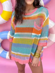Pink Stripe Colorblock Hollowed Crochet 3/4 Sleeve Sweater — view 3