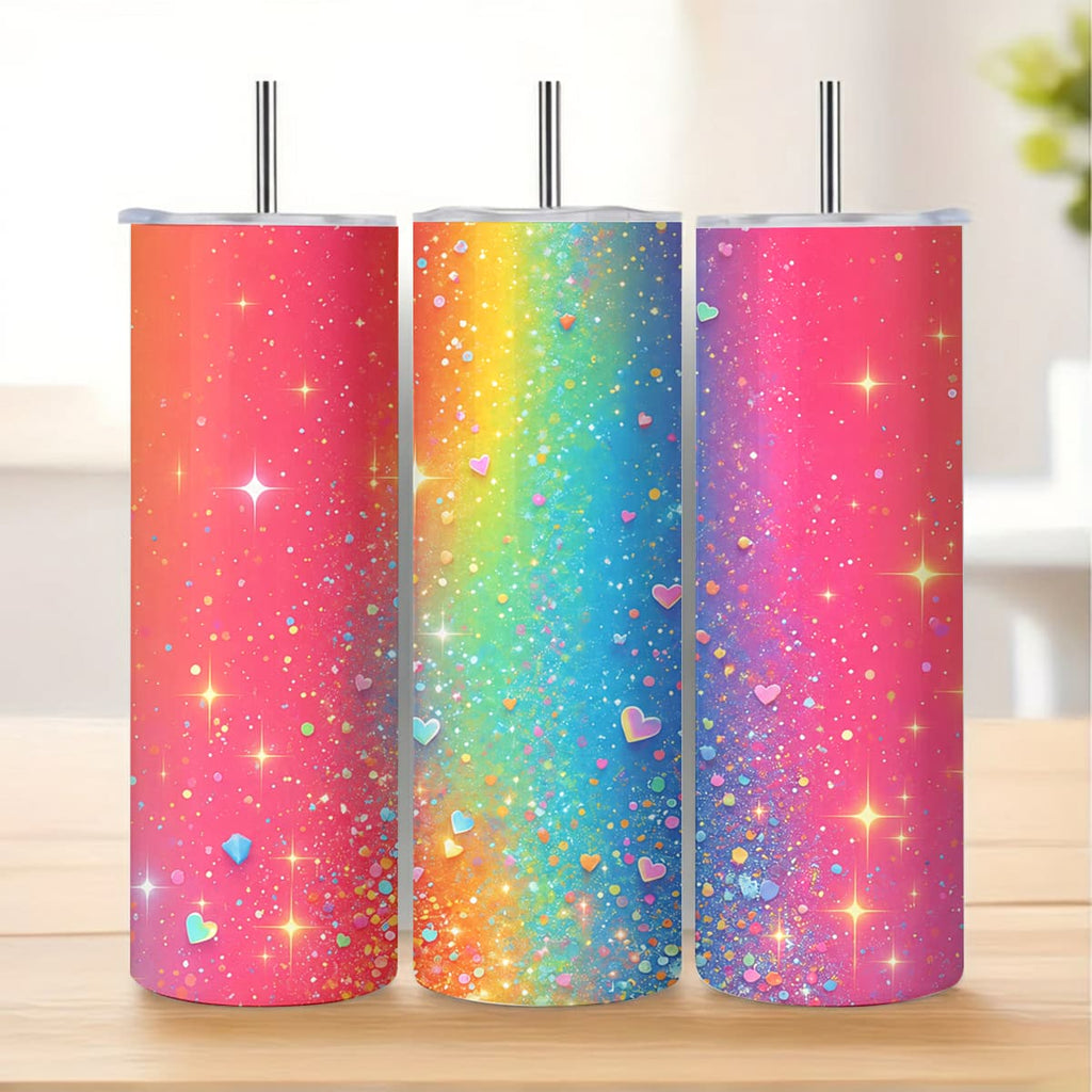1pc 20oz Rainbow Sparkle Heart Glitter Pattern Stainless Steel Insulated Tumblers Coffee Office Travel Mug with Lid Cup Daily Use Leakproof And Bpa Free Keep Drink Hot And Cold Ideal Gift for Friends Family Colleagues on Birthday Christmas Valentine