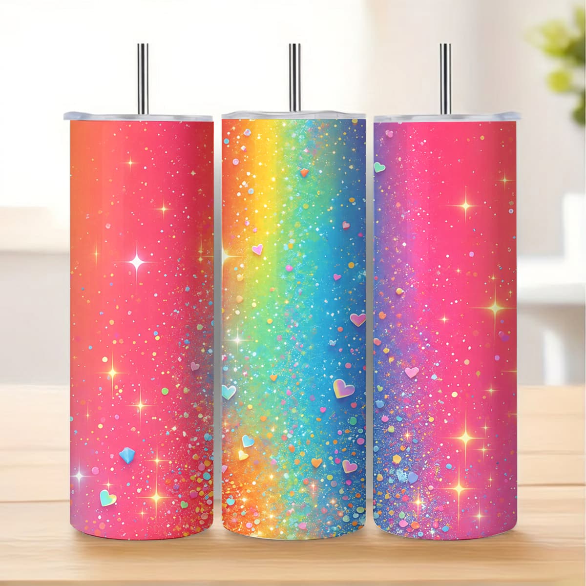 1pc 20oz Rainbow Sparkle Heart Glitter Pattern Stainless Steel Insulated Tumblers Coffee Office Travel Mug with Lid Cup Daily Use Leakproof And Bpa Free Keep Drink Hot And Cold Ideal Gift for Friends Family Colleagues on Birthday Christmas Valentine
