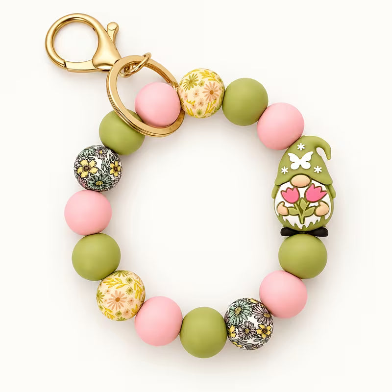 Garden Gnome Silicone Beaded Wristlet Keychain, Pink & Sage Green Floral Bead Key Ring, Car Key Holder and Bag — view 6