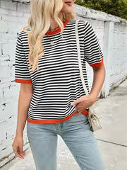 Women's Casual Striped Round Neck Sweater - Ribbed Short Sleeve Pullover with Color Block Design, High Stretch — view 4