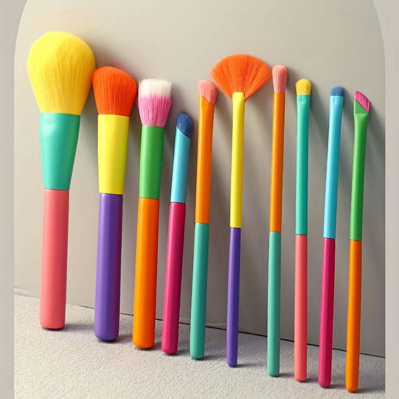 A Set of 10 Ultra-Soft Rainbow Makeup Brushes Including Powder, Eyeshadow, Blush, Eyebrow, And Lip Brushes.