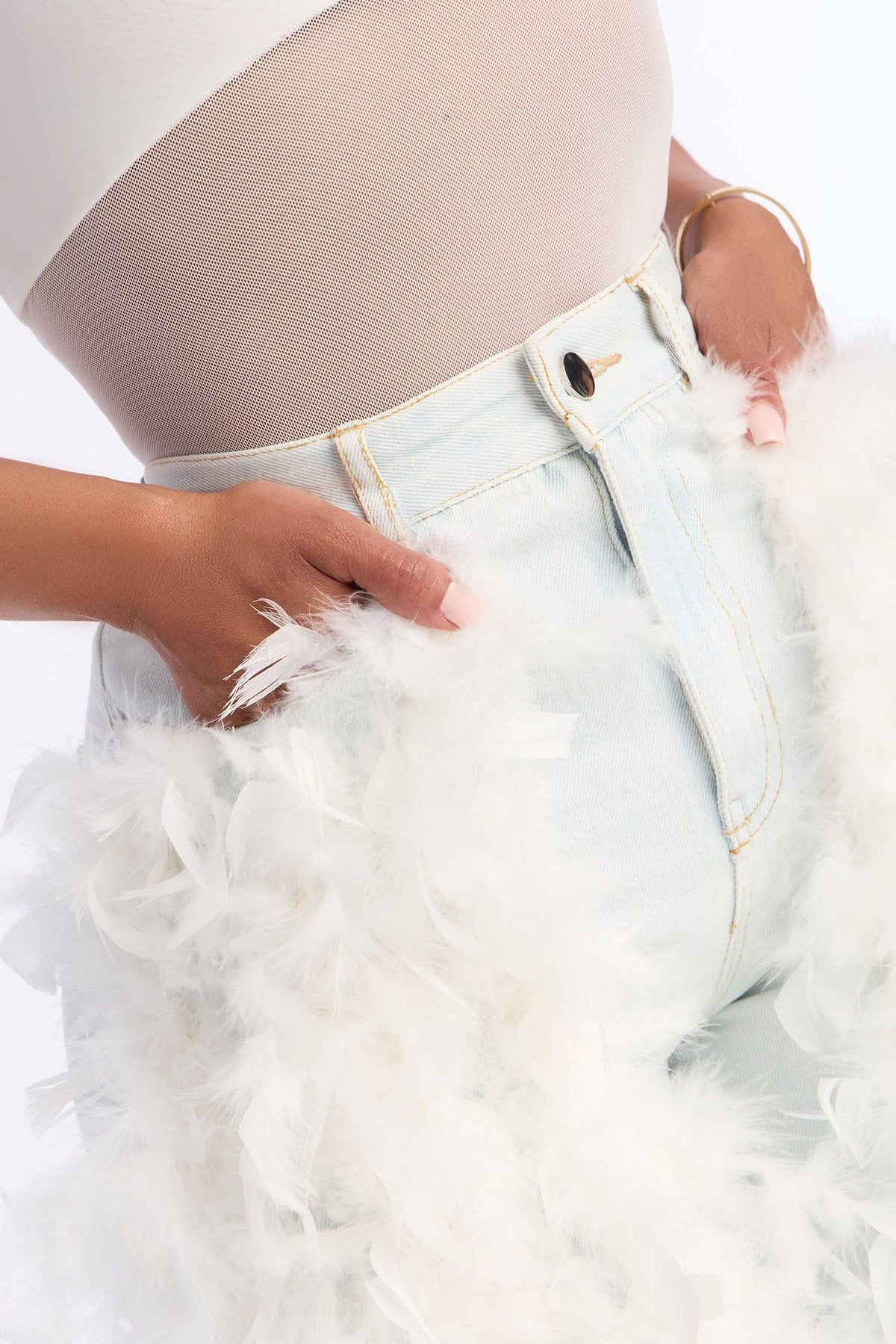 Women's Faux Feather Trim Wide Leg Jeans