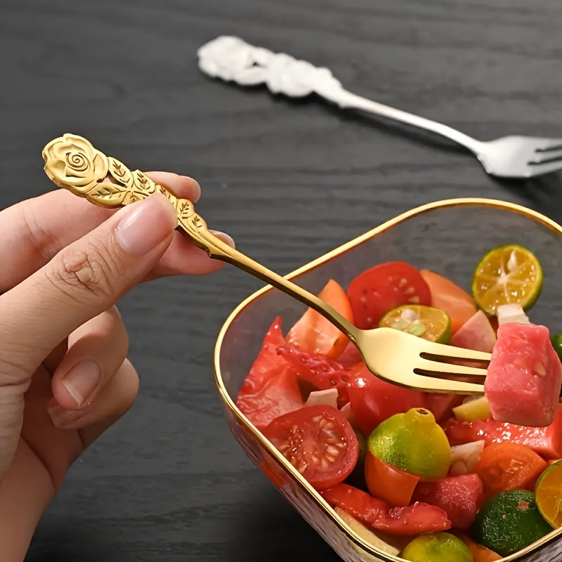 A Set of 6 Exquisite Rose-Shaped Dessert Forks, Made of High-Quality Stainless Steel, Elegant Flower-Shaped Cake Forks, Cute Utensils Suitable for Home Kitchens, Cafes, And Tea Parties