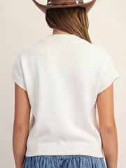 Bright Green Corded Horseshoe Ribbed Trim Mock Neck Short Sleeve Sweater — view 3