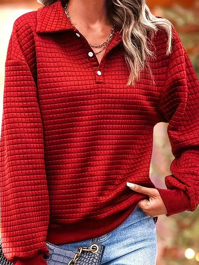 Plain Waffle Knit Collar Button Pullover Sweatshirt ZK955