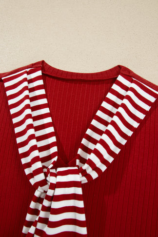 Stripe Contrast Tie Neck Cuffed Long Sleeve Top — view 12