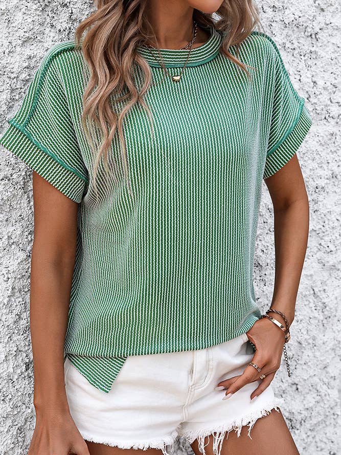 Ribbed Knitting Stitching Outside Round Neck Top MD121