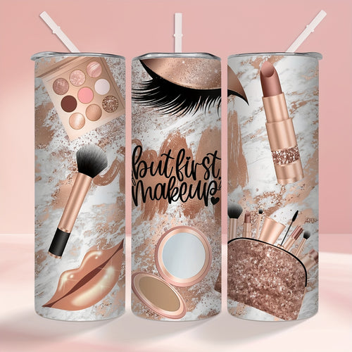 1pc, Makeup Cosmetics Tumbler With Lid And Straw, 20oz Stainless Steel Water Bottle, Vacuum Insulated Straight Water Cups, Summer Winter Drinkware, Outdoor Travel Accessories, Valentine's Day Gifts