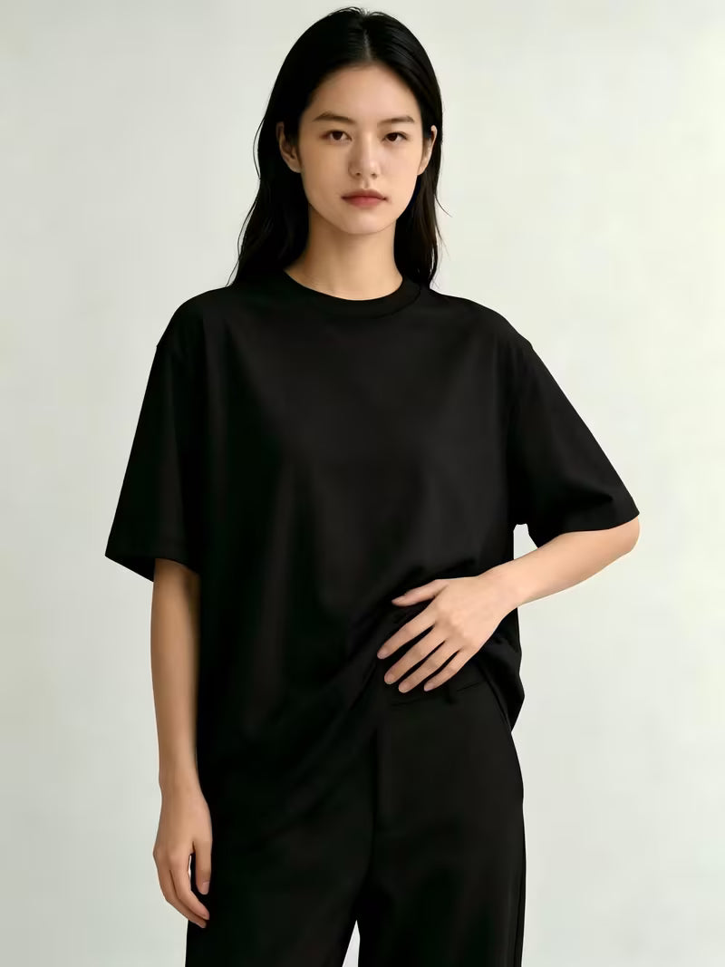 Women'S Black Round Neck Short Sleeve Relaxed Fit Casual Tunic Top — view 8