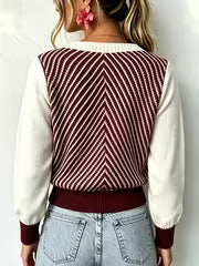 Color-Block V-Neck Sweater for Women, Color-Block Long-Sleeve Spliced Ribbed Pullover Top. Soft And Lightweight — view 5