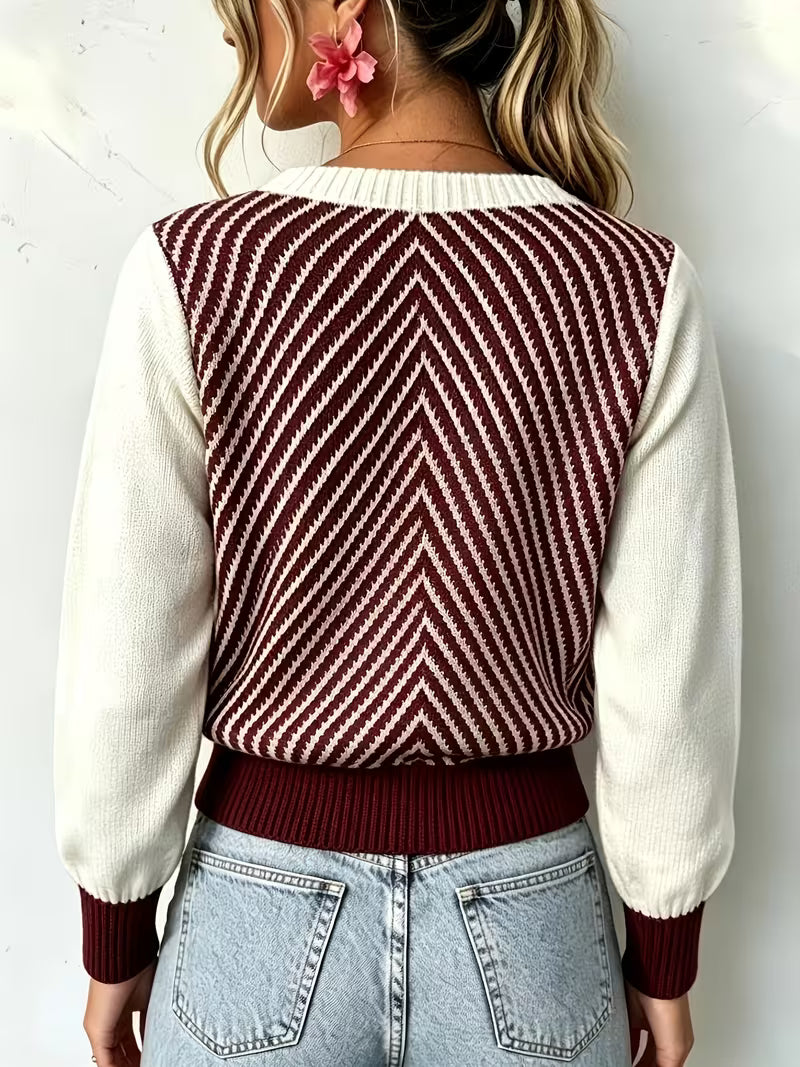 Color-Block V-Neck Sweater for Women, Color-Block Long-Sleeve Spliced Ribbed Pullover Top. Soft And Lightweight — view 6