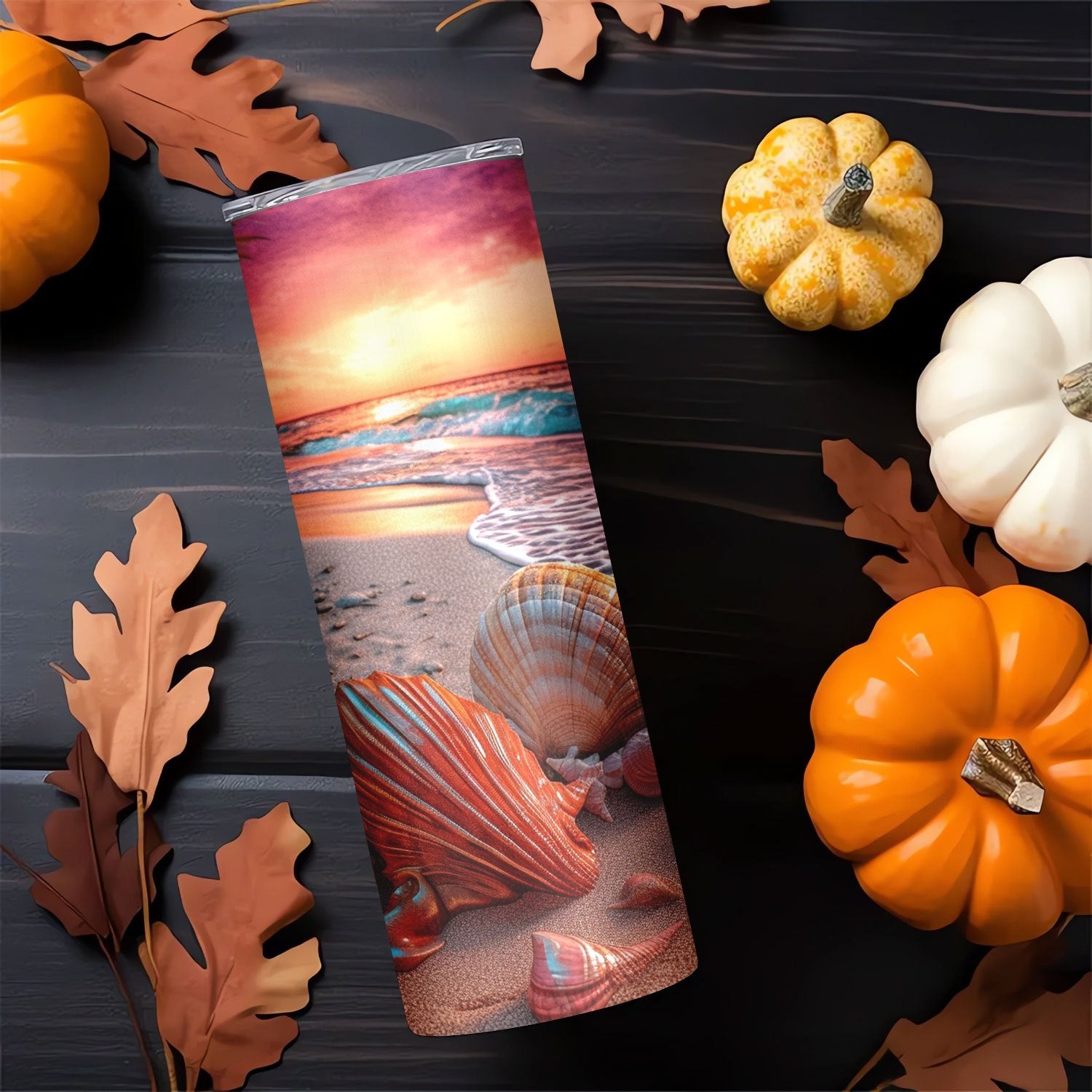 20oz Stainless Steel Tumbler with Seashell Beach Design - Vacuum Insulated Travel Mug with Lid and Straw