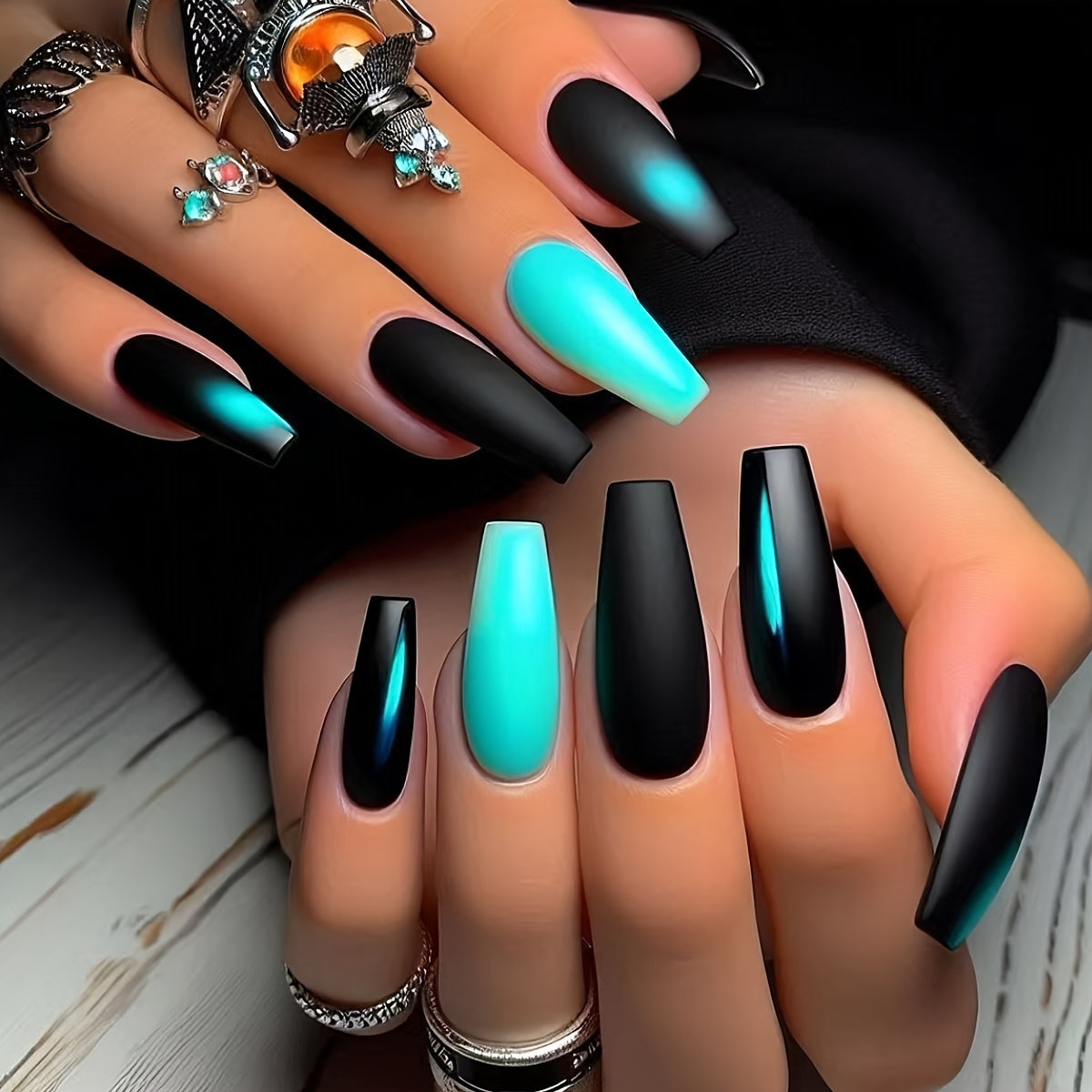 Elegant Gradient Black and Teal Stripe Press-On Nails, Ballet Shape, Medium Length, Glossy Finish - 24pcs