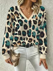 Women's Fall Winter New Thick Printed Loose V Neck Pullover Fashion Casual Long Sleeve Warm Top Versatile Slim — view 1