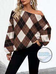 Lightweight Off-the-Shoulder Sweater, Caramel Brown Plaid One-Shoulder Top, Vintage Academic Style Rhombus — view 6