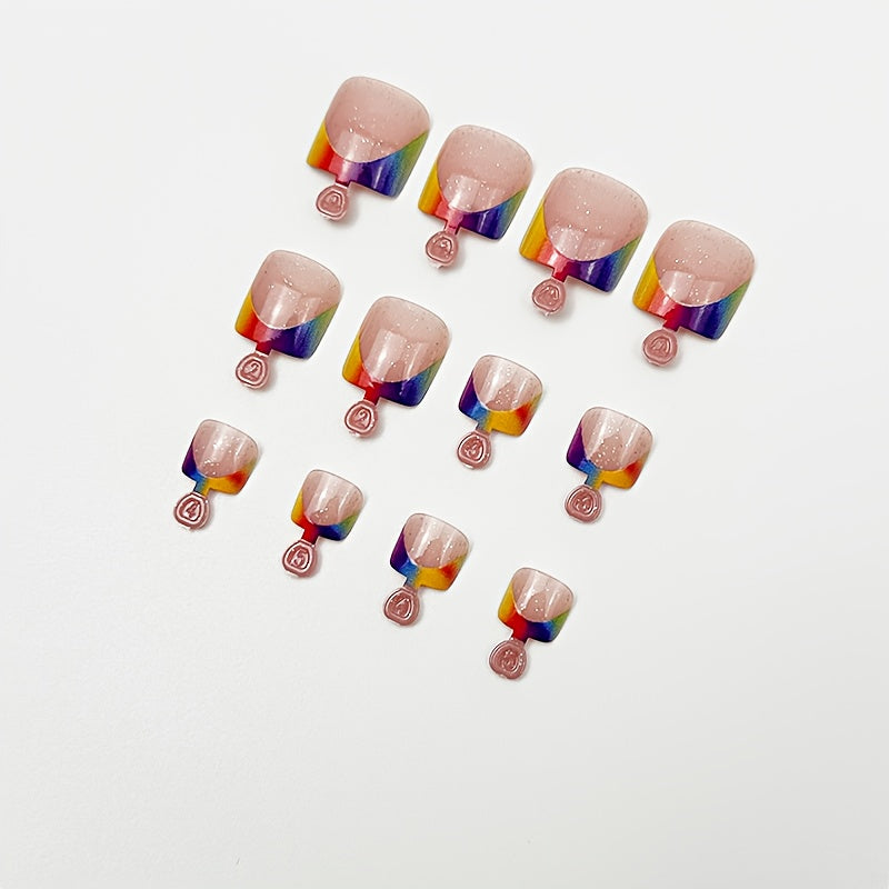 [24pcs Short Square Nails] Instant Charm Enhancement, 24pcs Short Square Nails, Fashionable Easy Rainbow Gradient French Toenails, Silvery Glitter Decoration, Spicy Nail Art, Ins Style Press-On Toenails, Fresh Easy Summer Nail Supplies