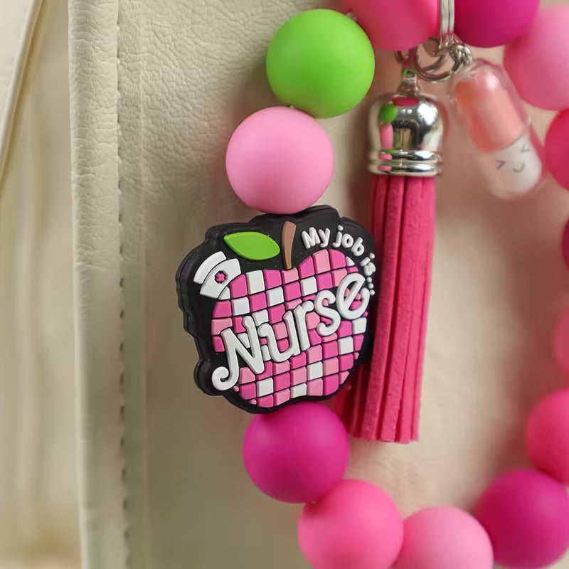 NURSE Day Pink Beaded Keychain with Tassel Charm, Bag Charm, Key and Car Key Anti-Loss Accessory, Gift for — view 20