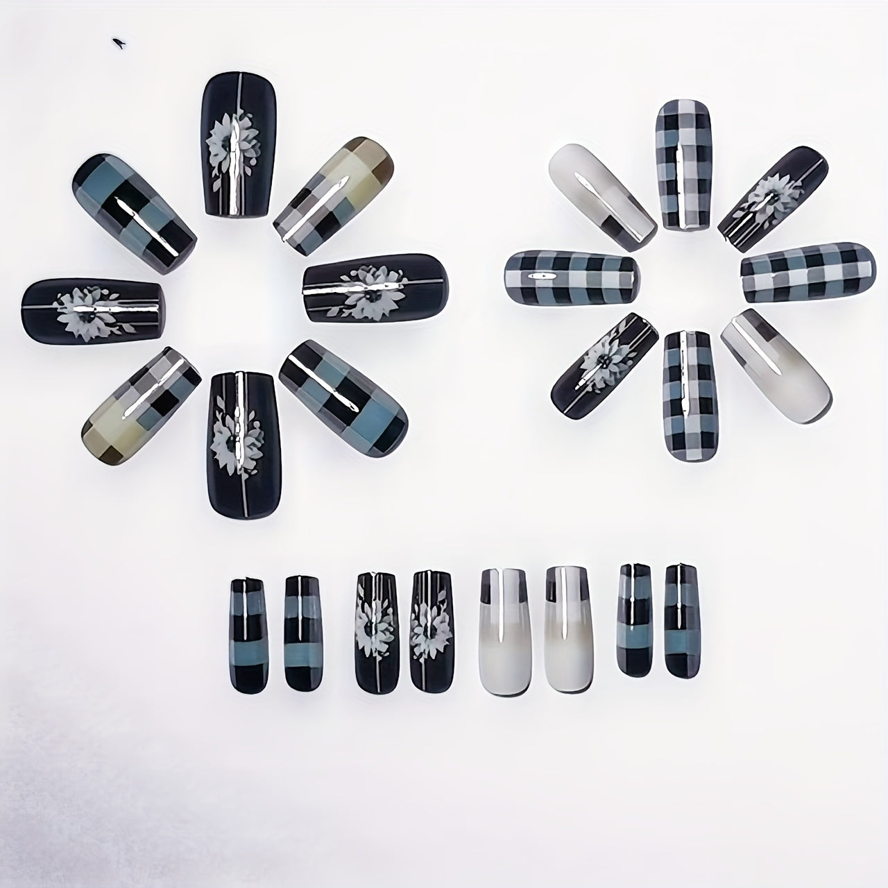 Medium-length 24pcs detachable floral grid trendy fake nail set