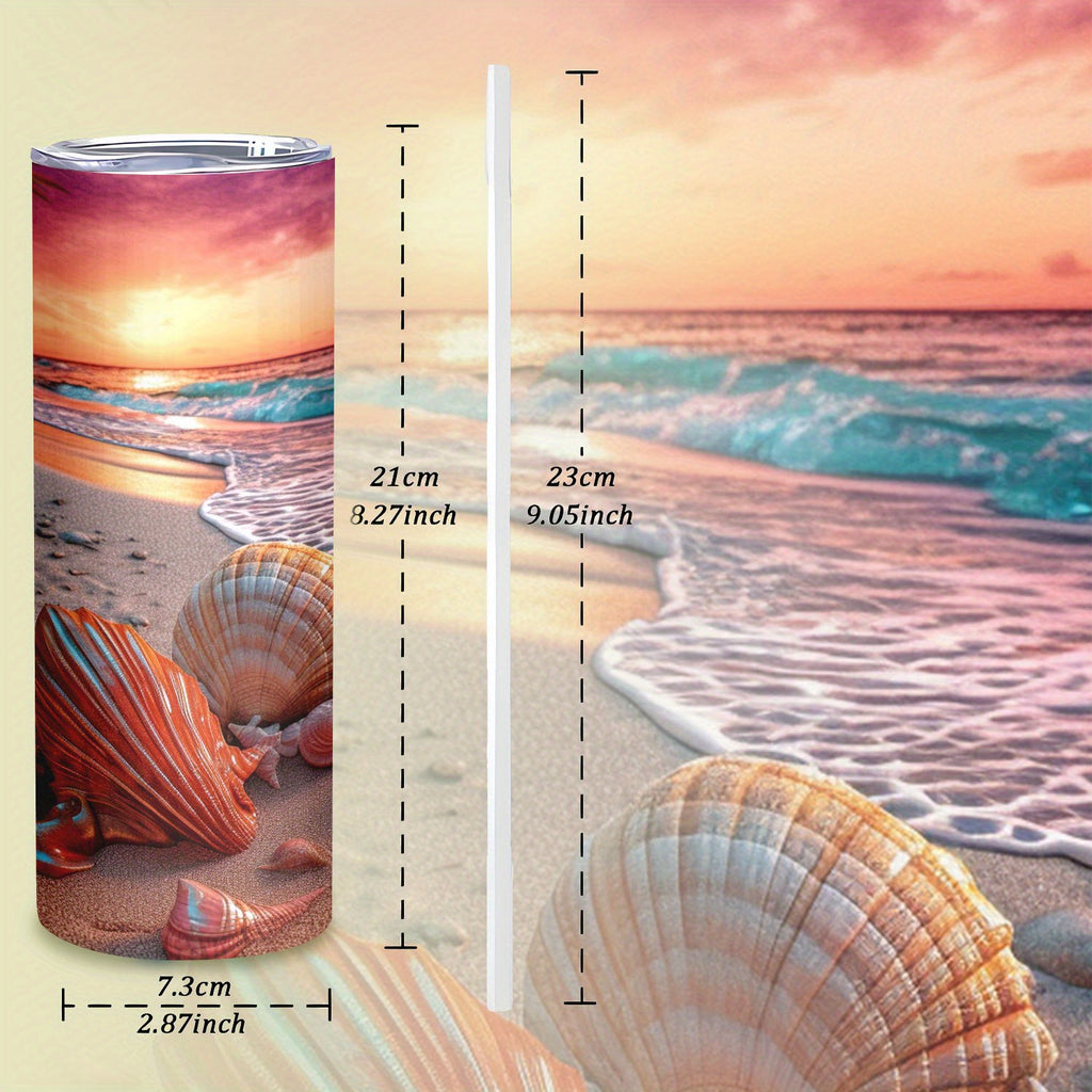 20oz Stainless Steel Tumbler with Seashell Beach Design - Vacuum Insulated Travel Mug with Lid and Straw