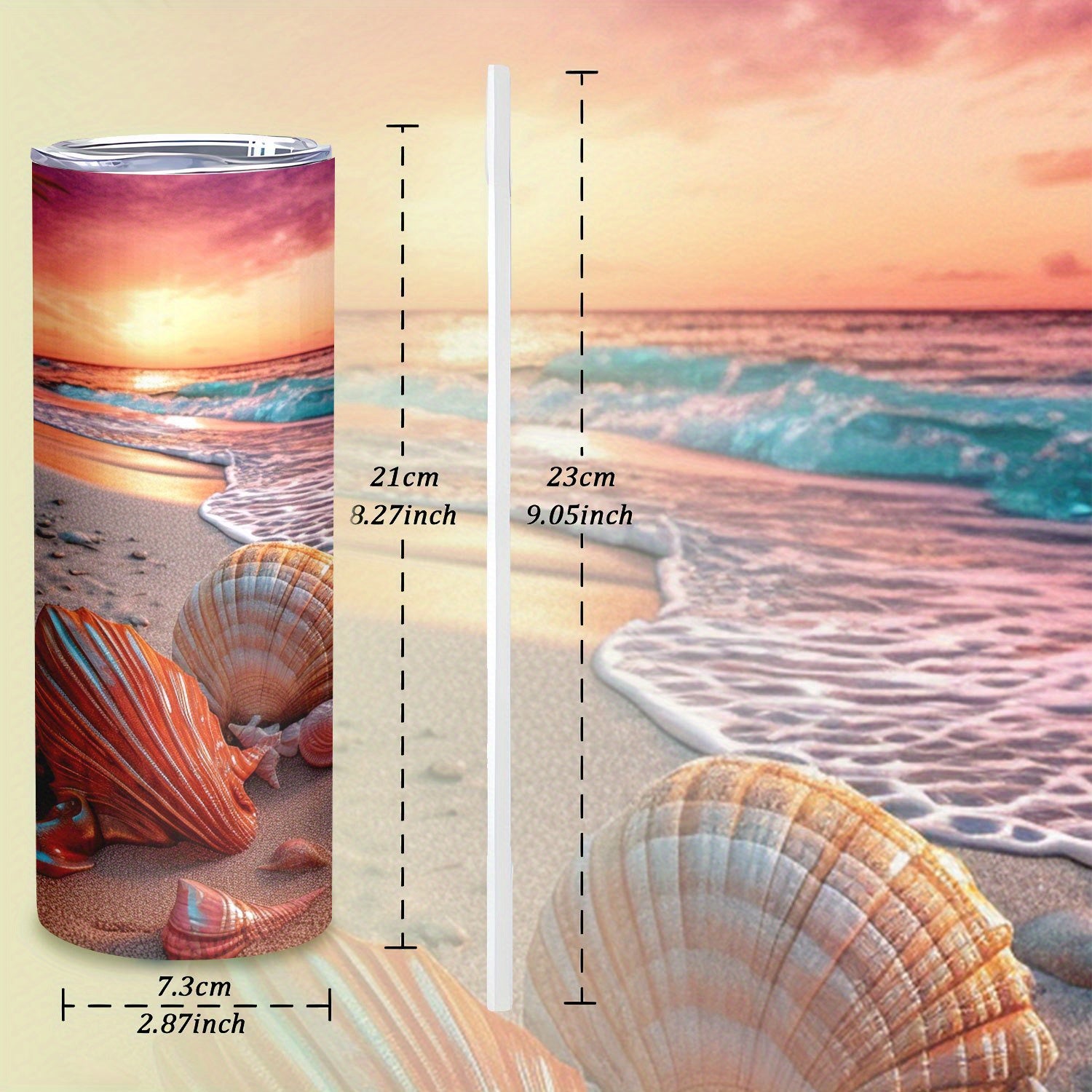 20oz Stainless Steel Tumbler with Seashell Beach Design - Vacuum Insulated Travel Mug with Lid and Straw