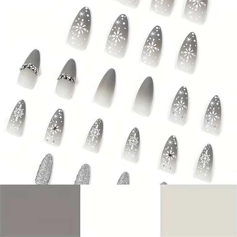 24pcs Christmas Snowflake And Rhinestone Nail Set - Medium Almond Shape, Bright White End, Festive Nail Art for — view 9