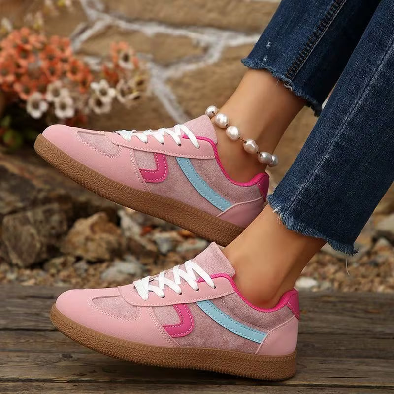 Women Color Block Shape Logo Retro Low Top Sneakers, Lace Up Gum Sole Soft Comfort Casual Walking Shoes, Women Shoes