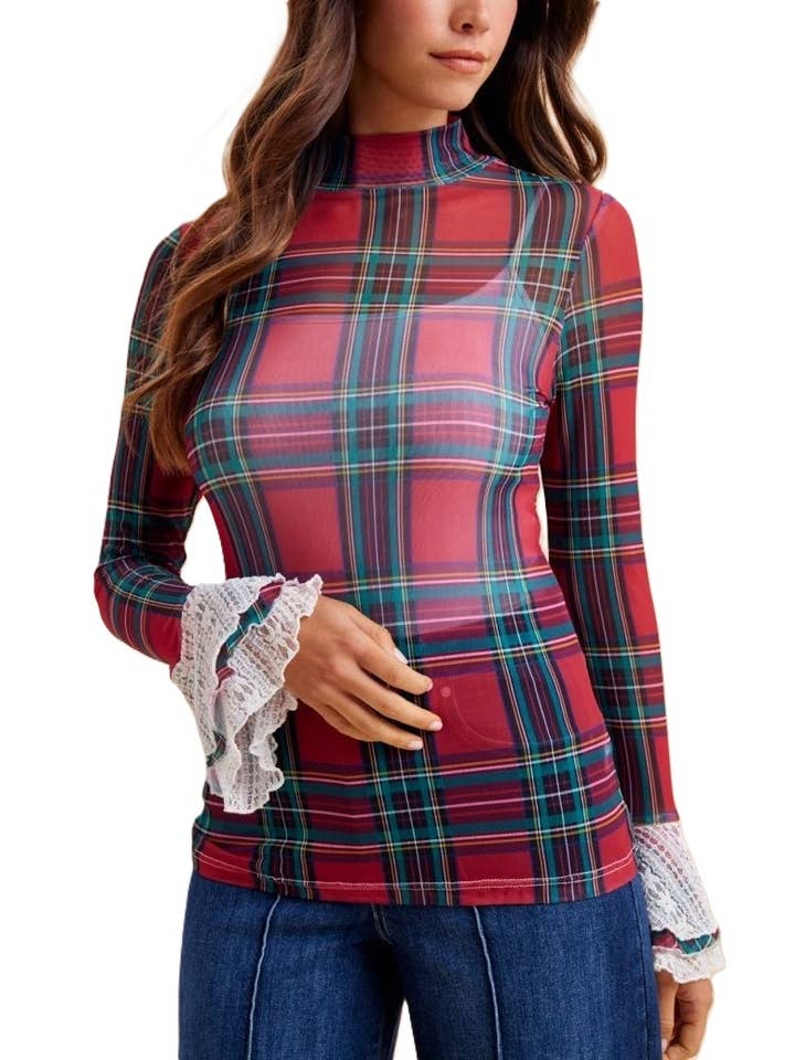 Christmas Check Ruffle Sleeve Stretch Mesh Top — view 1