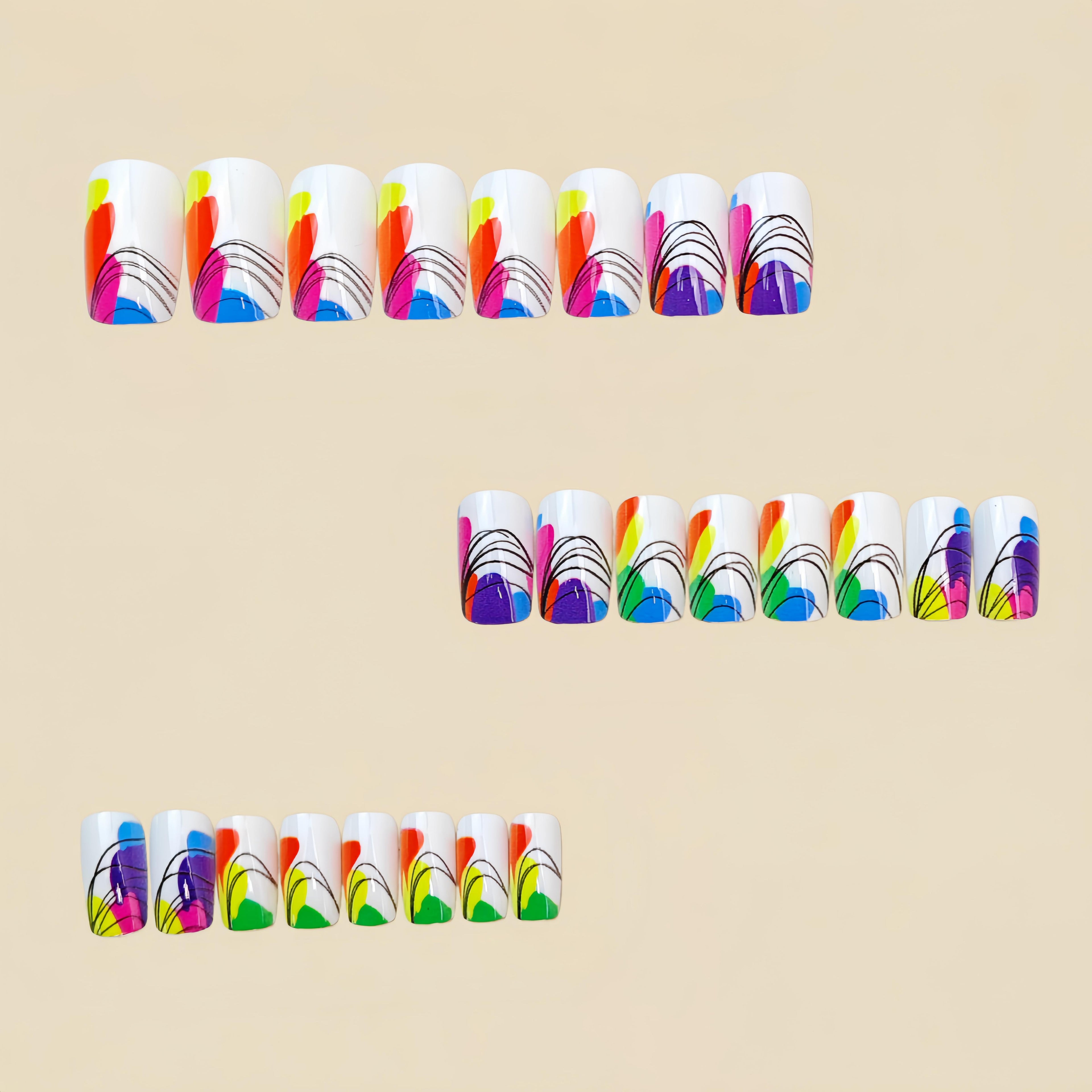 24pcs Abstract Color-Block Line Press-On Nails, High-Saturation Multicolor Block Fake Nails, Medium-Length Reusable Artificial Nails, Stylish Minimalist Manicure, Women's Wearable Nails, Detachable Press-On Nails