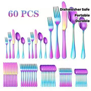 60pcs Outdoor Stainless Steel Rainbow Cutlery Set, Portable And Durable, 12 Serving Knives, Forks And Spoons — view 1