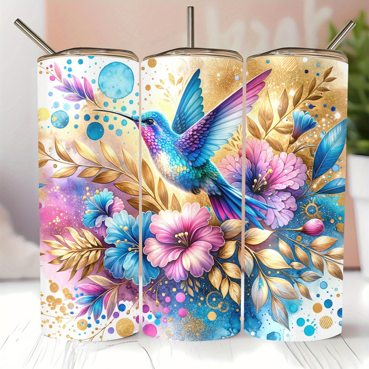 20oz Hummingbird Floral Stainless Steel Water Bottle - Hand Wash, Double Wall Insulation, PVC Free, Travel Friendly with Lid & Straw for Coffee, Cold Beverages, Sports - Ideal Gift for Mom, Lover, Friends