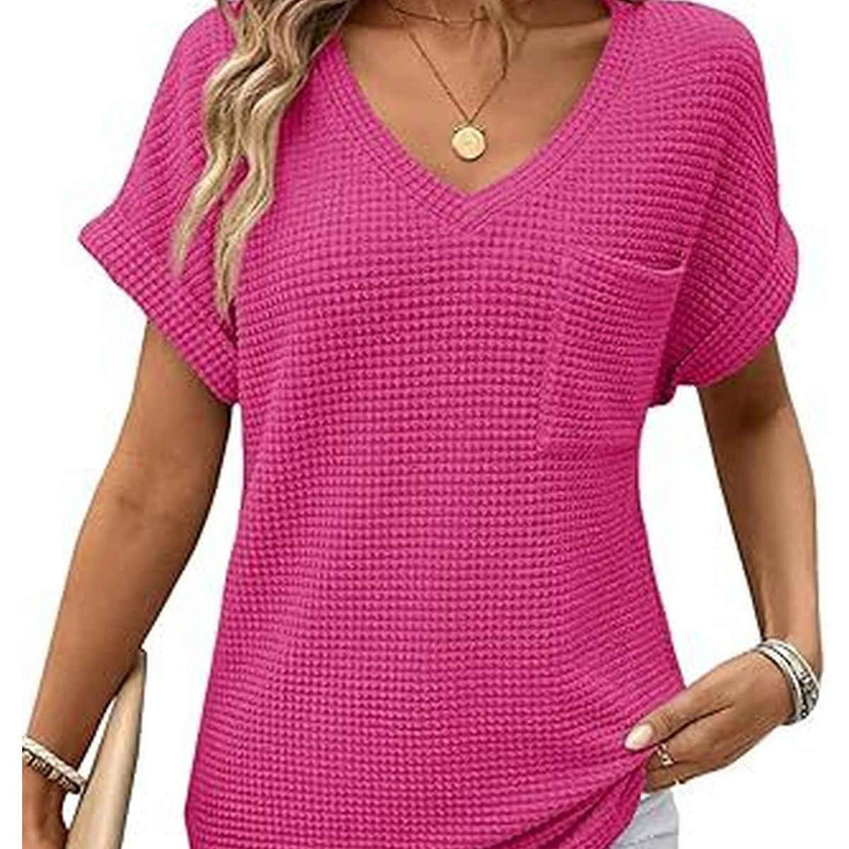 V-Neck Summer Short Sleeve Waffle Pocket Shirt